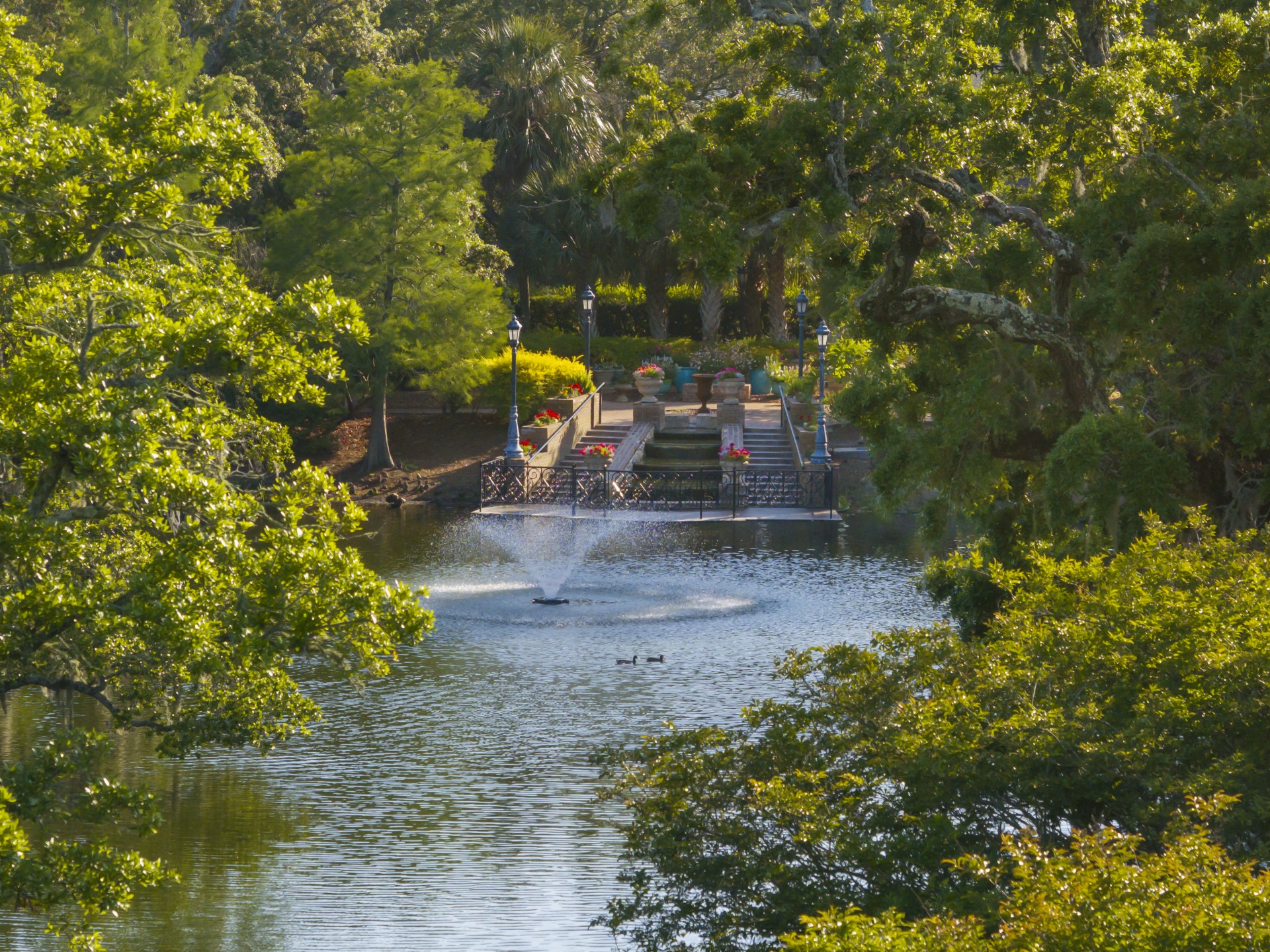 a fountain in a pond surrounded by trees
