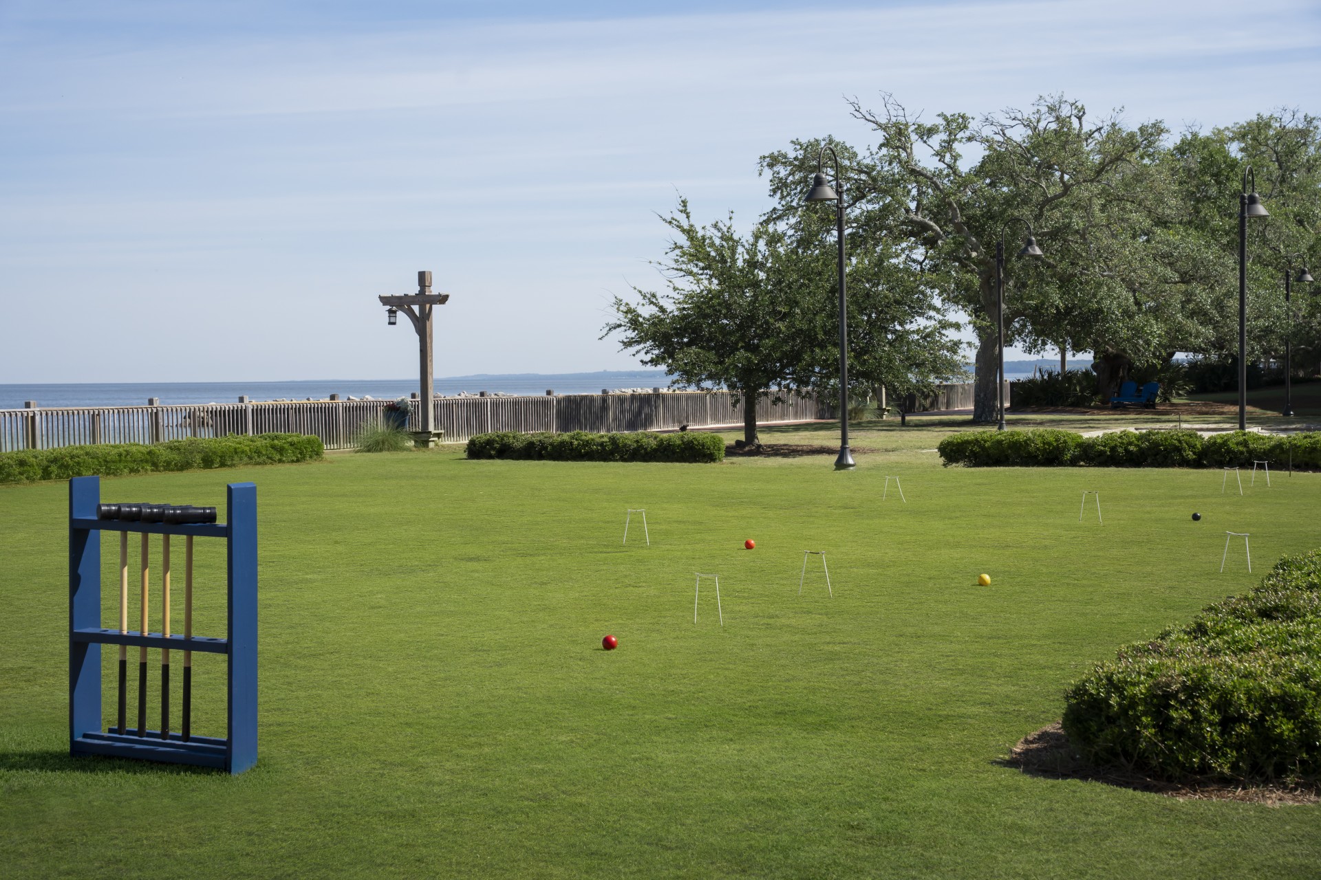 a lawn with croquet balls and balls in it
