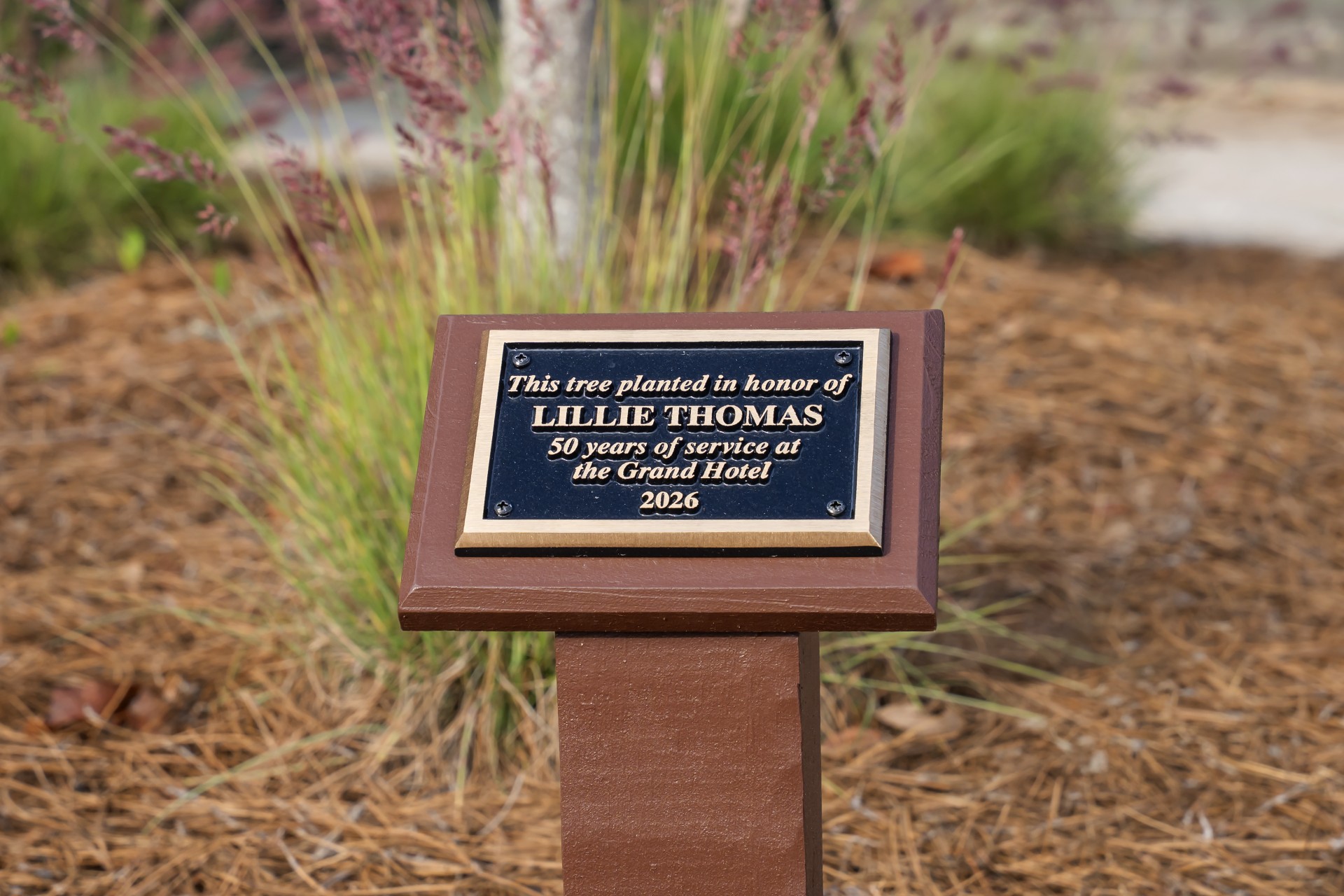 a plaque on a post
