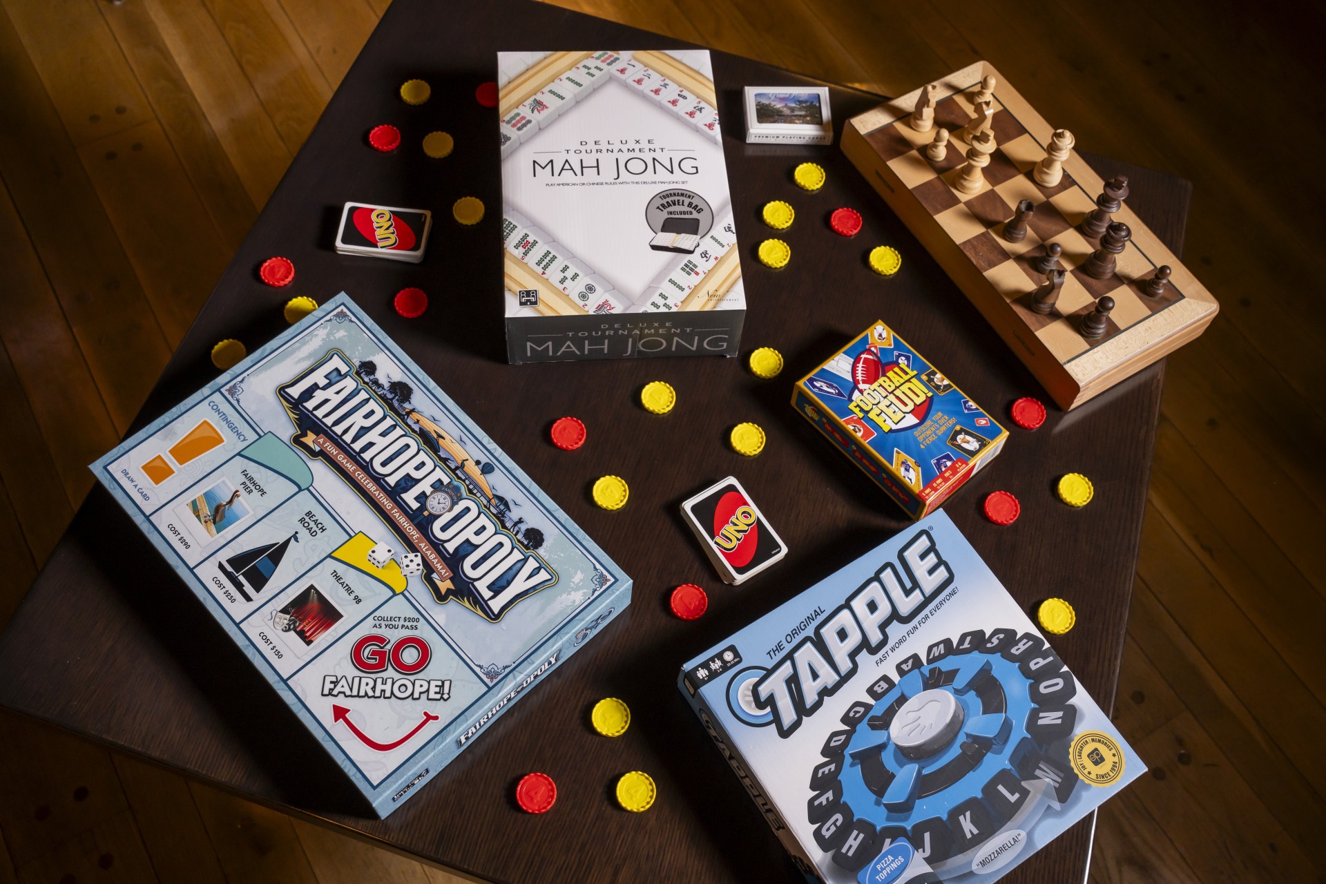 a table with various board games and cards