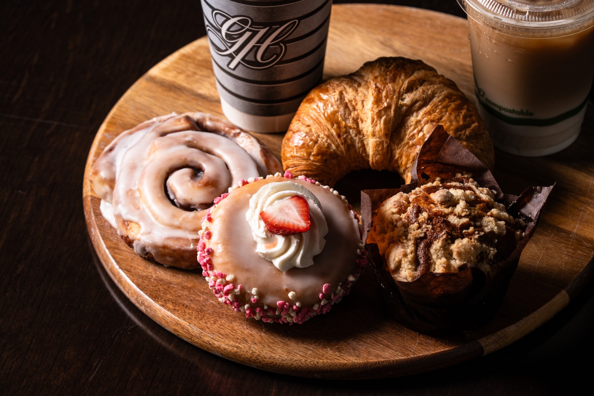 a plate of pastries and coffee