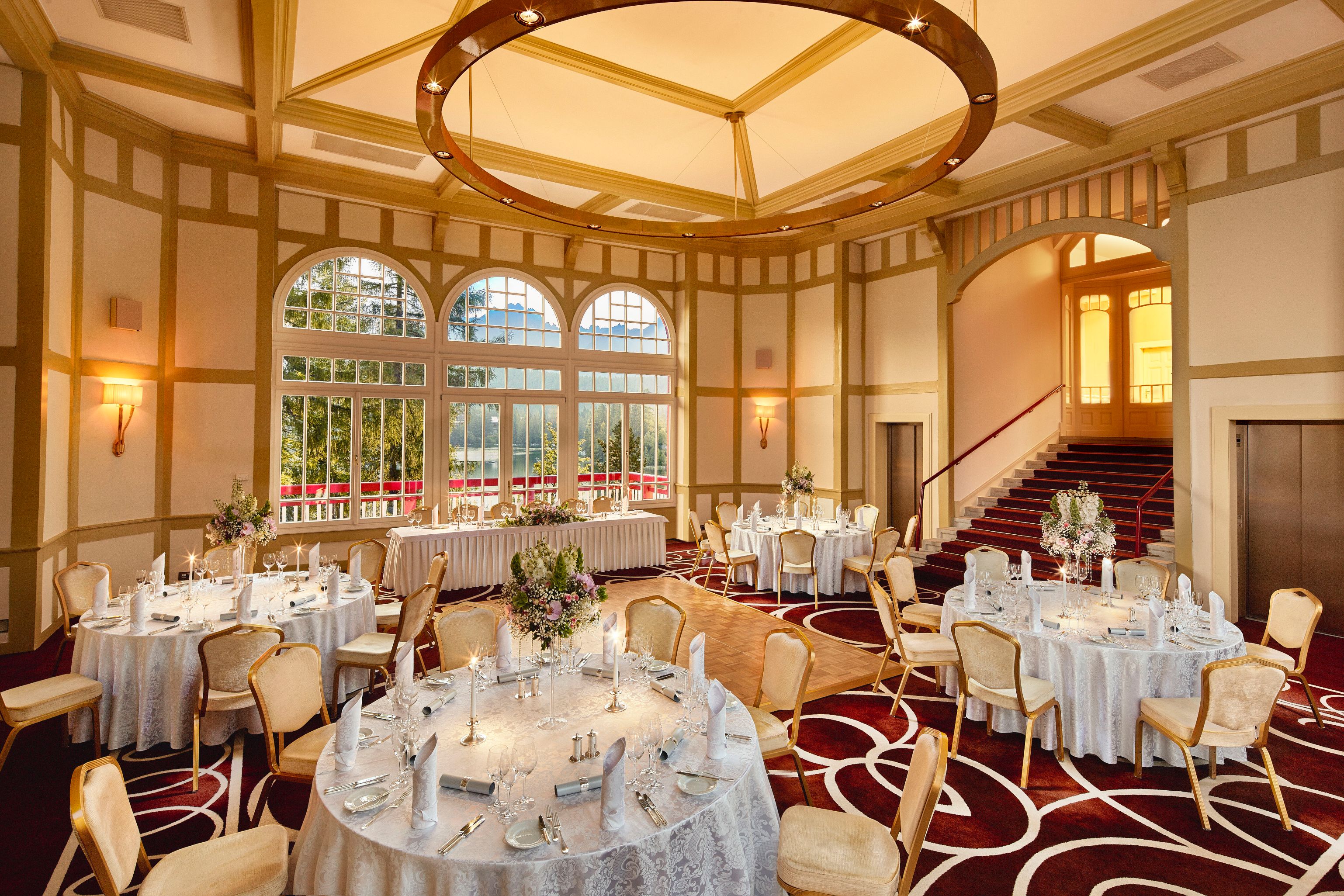a large room with tables and chairs