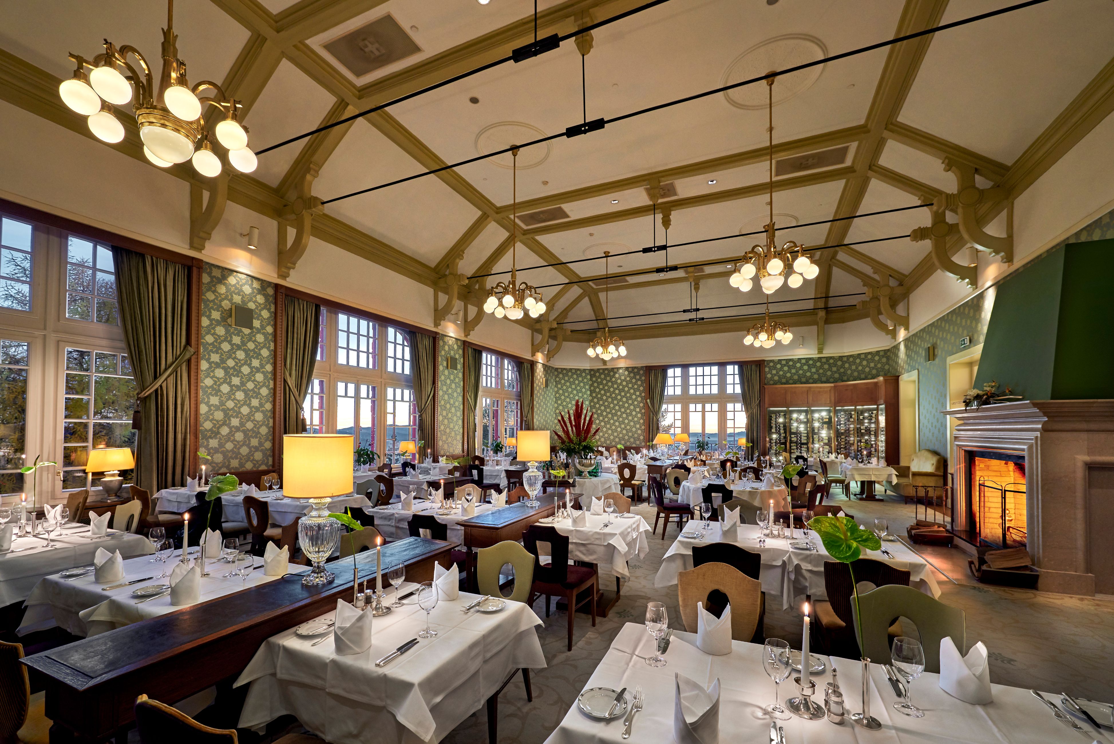 a large room with tables and chairs
