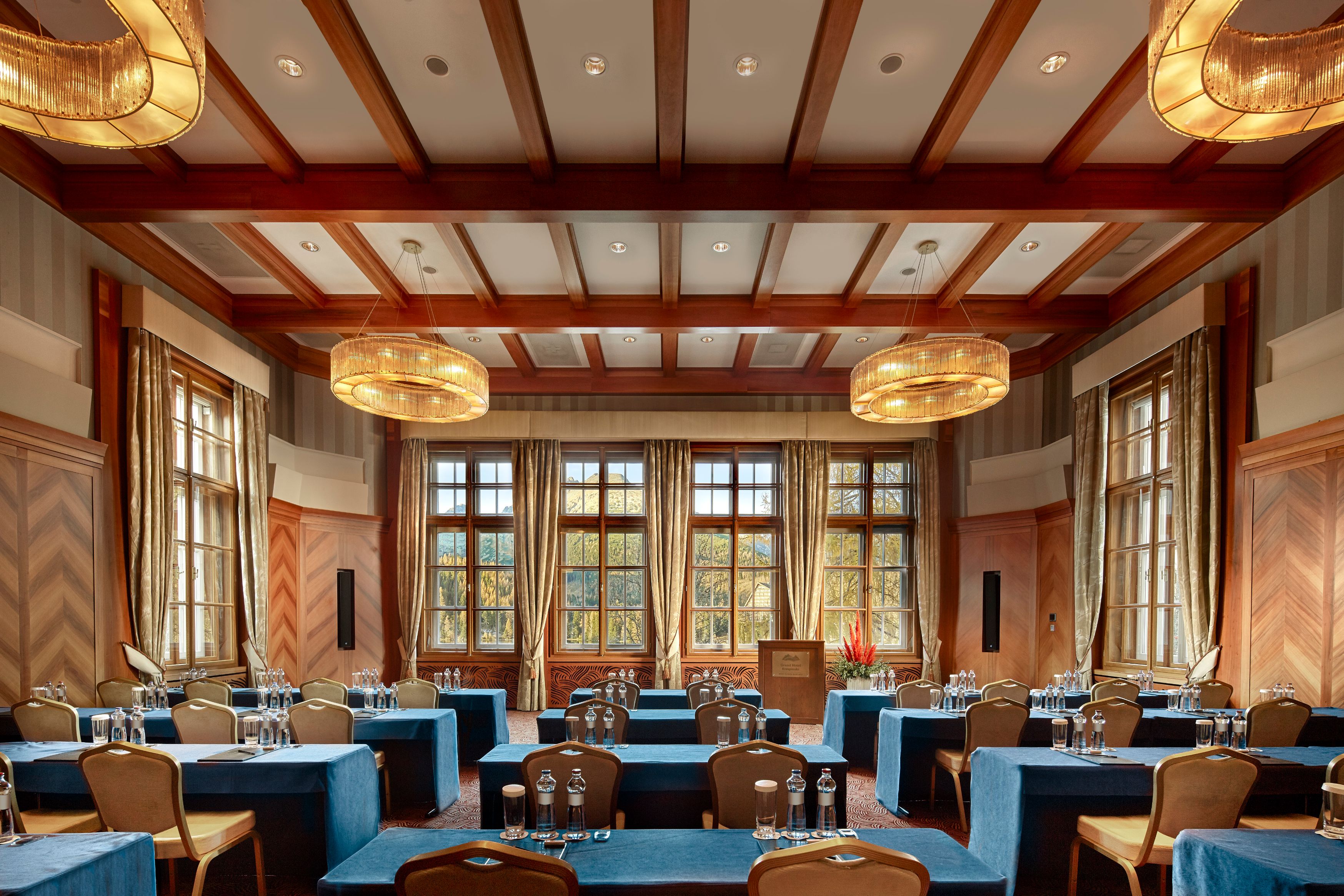 a room with tables and chairs