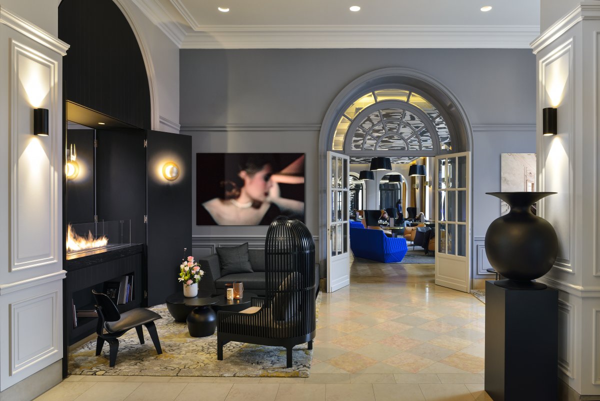 a room with a fireplace and a couch