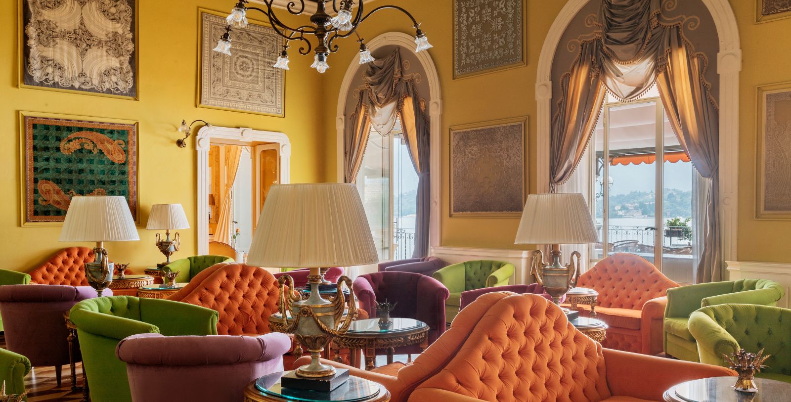 a room with colorful chairs and tables
