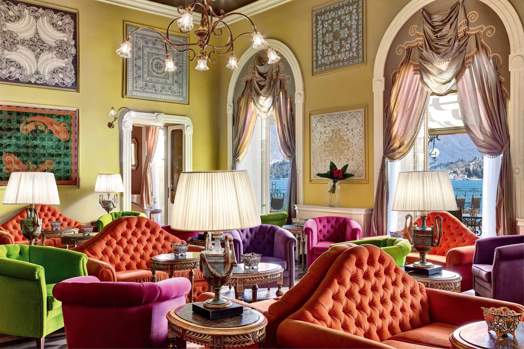 a room with colorful furniture and lamps