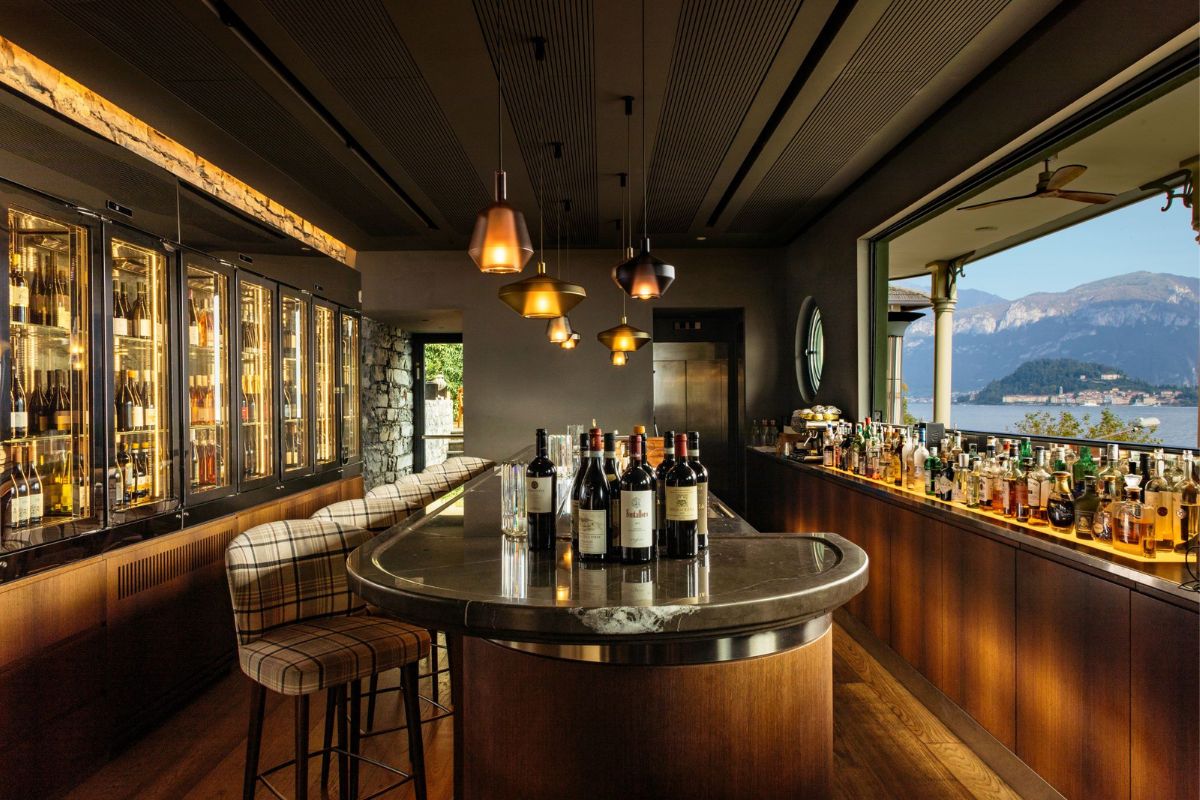 a bar with bottles of wine on it