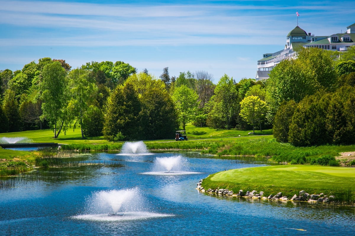 a water fountains in a pond with trees and grass