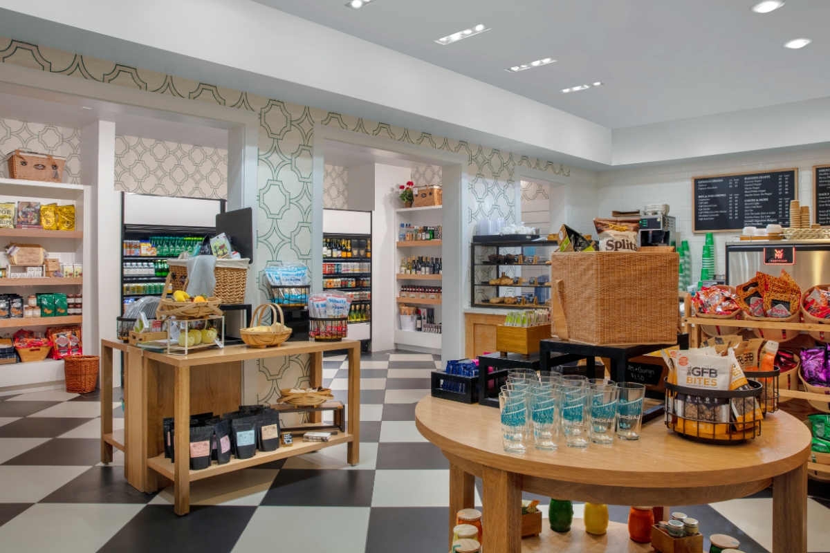 a store with a checkered floor and shelves
