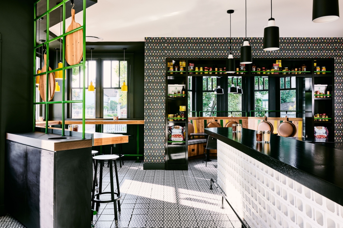 a room with a bar and a black counter