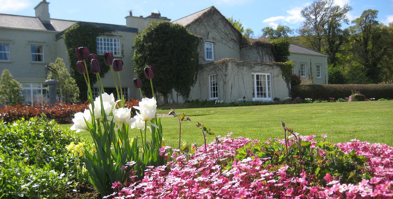 a house with a lawn and flowers
