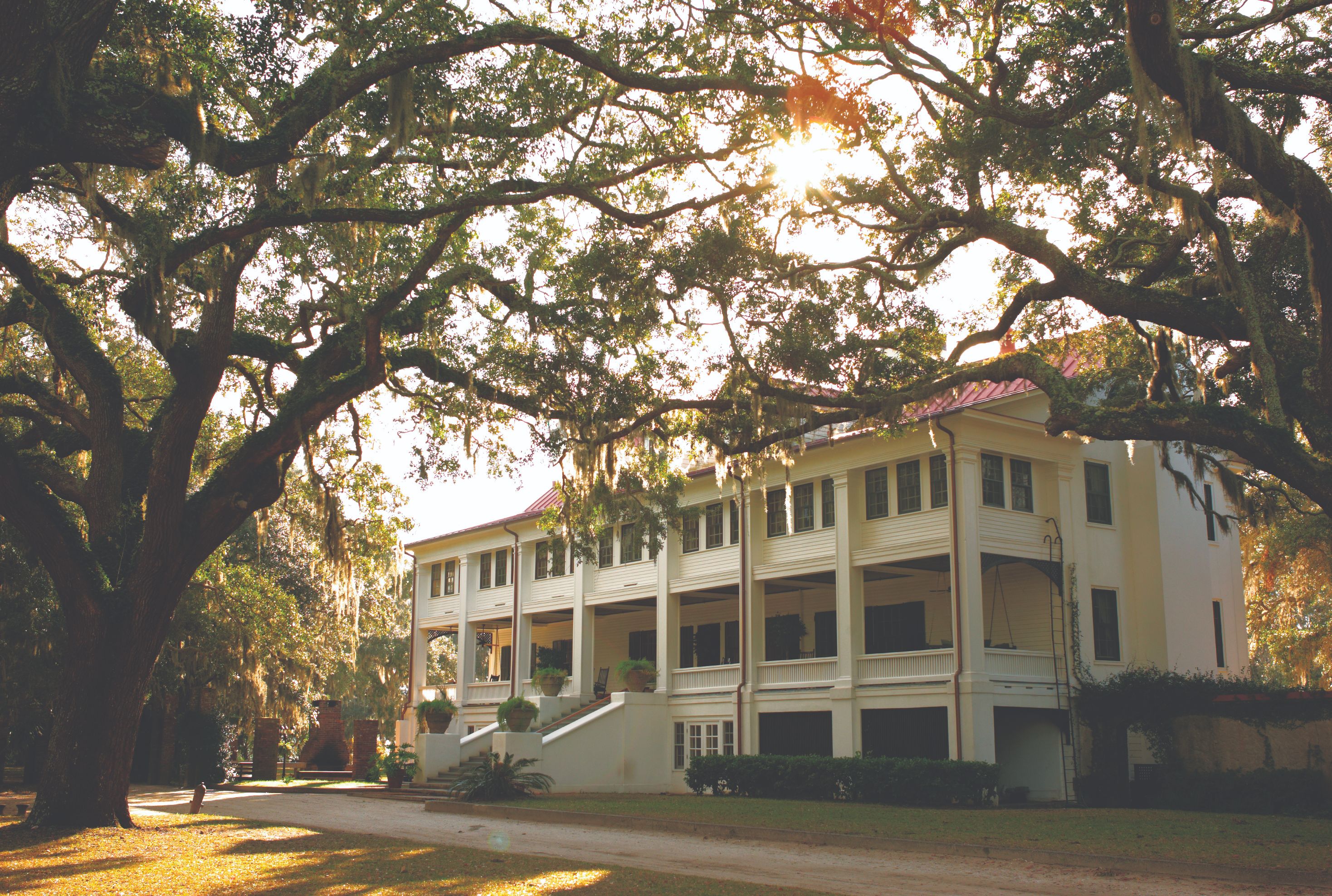 a large white building with trees in the background