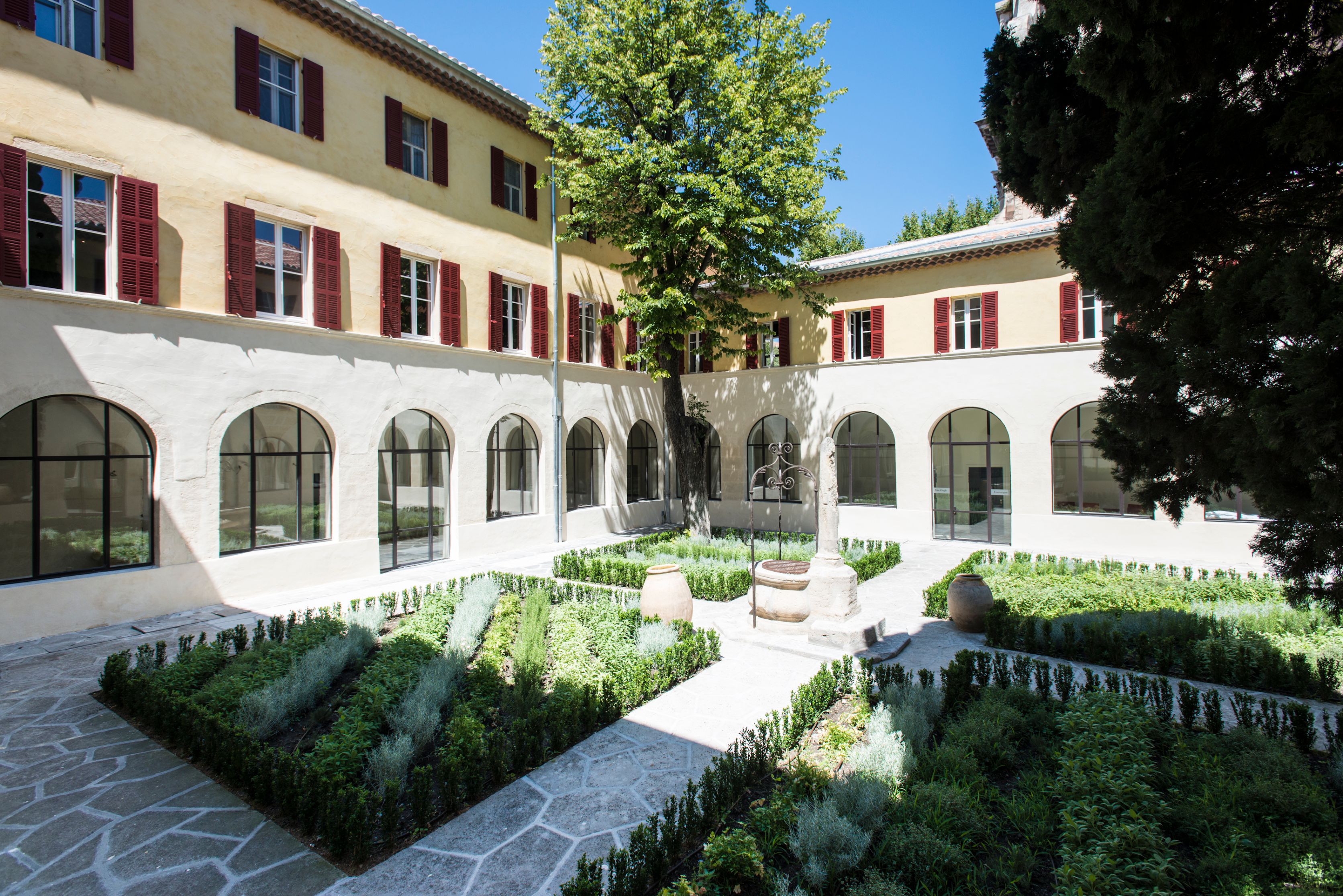 a courtyard with a tree and plants