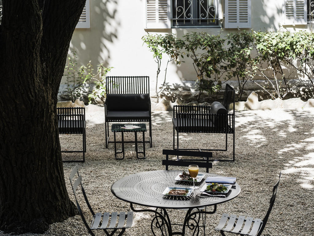 a table and chairs outside