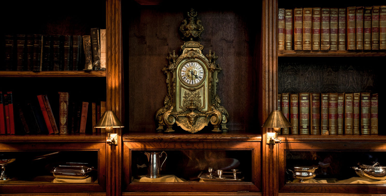 a clock on a shelf
