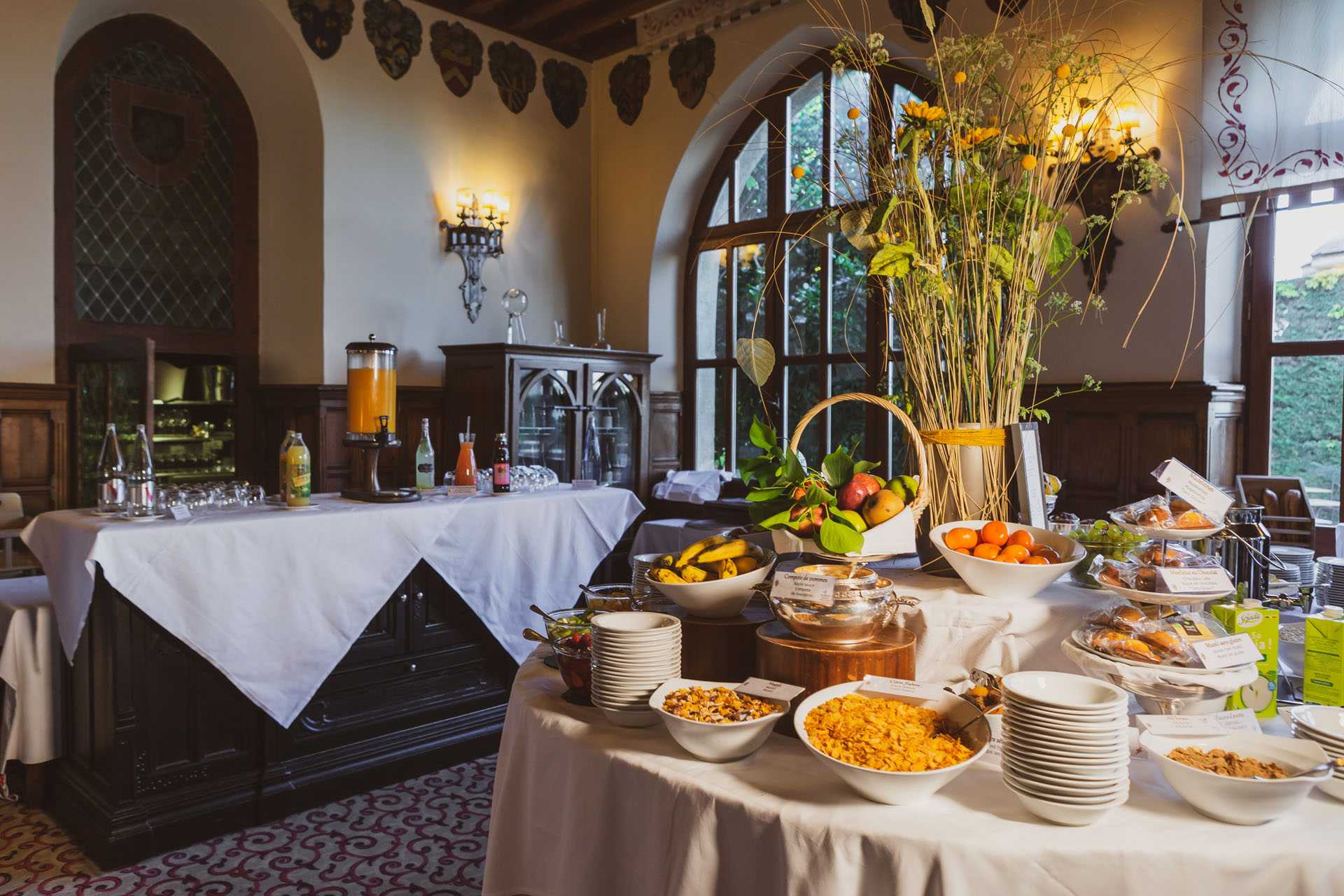 a buffet table with food on it