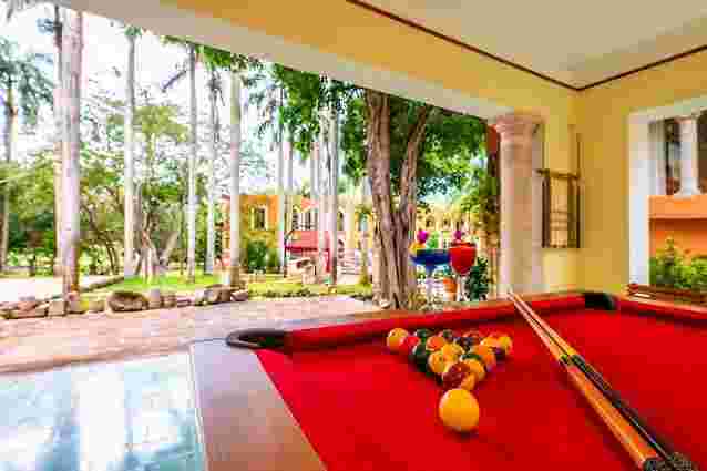 a pool table with balls and balls on it