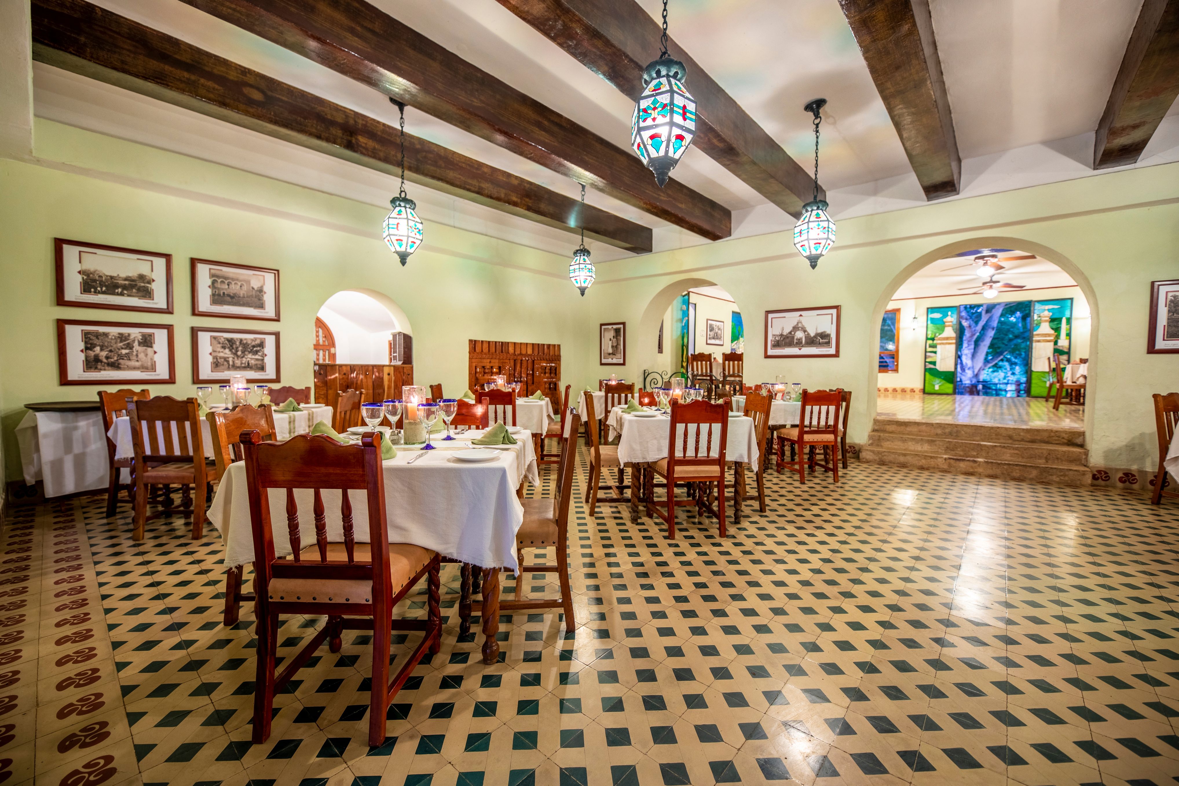 a room with tables and chairs