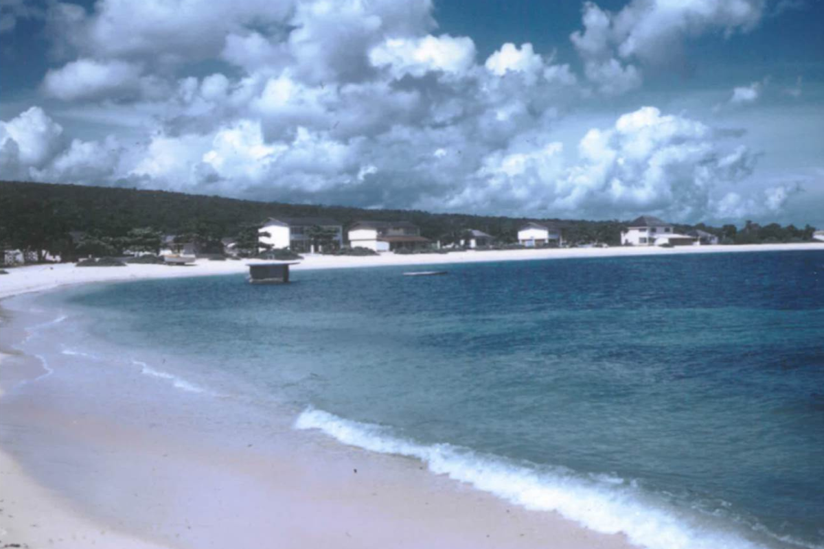 a beach with houses and a body of water