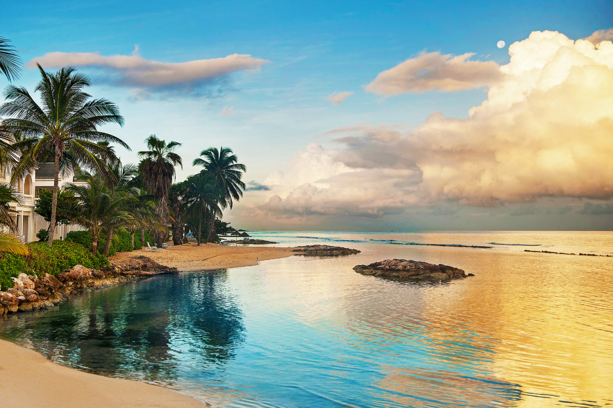 A tropical beach at golden hour featuring calm ocean water reflecting the warm sky, tall palm trees along a sandy shore, and fluffy white clouds illuminated by the sunset.