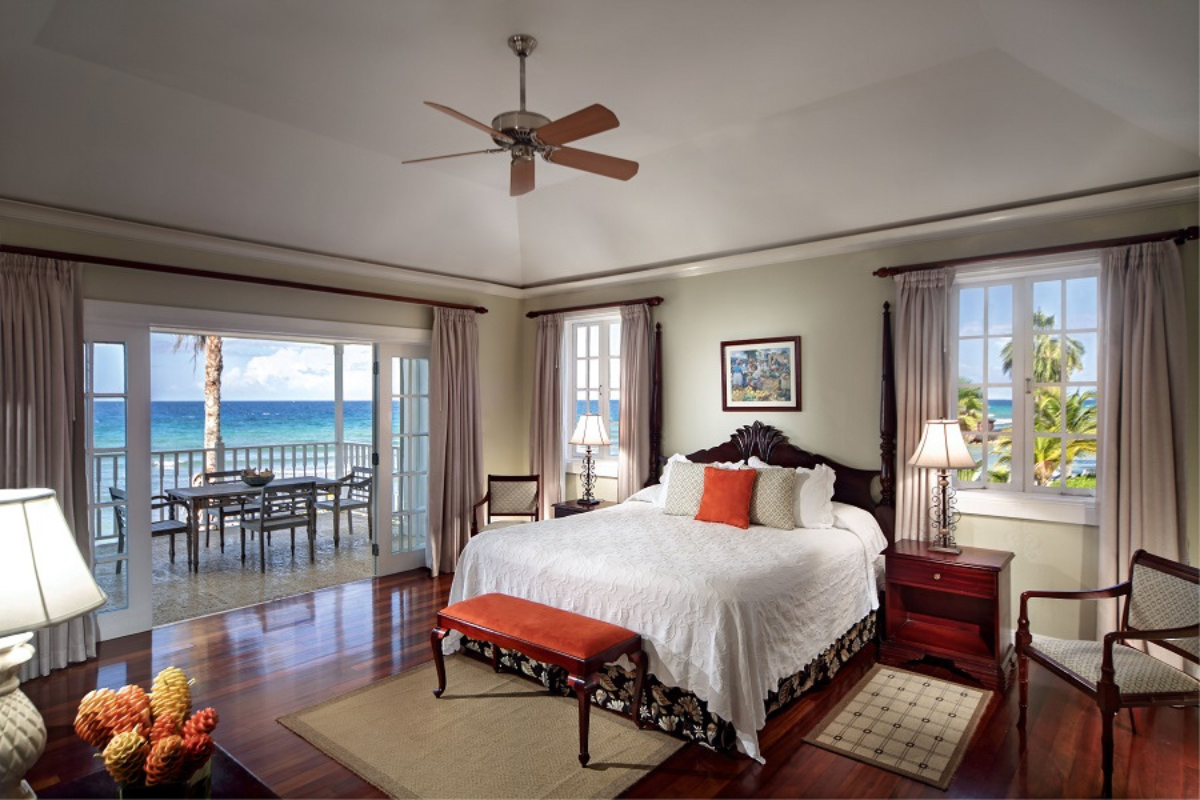 a bedroom with a large bed and a view of the ocean