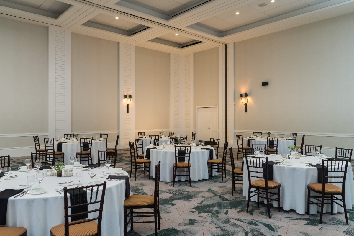 a room with tables and chairs