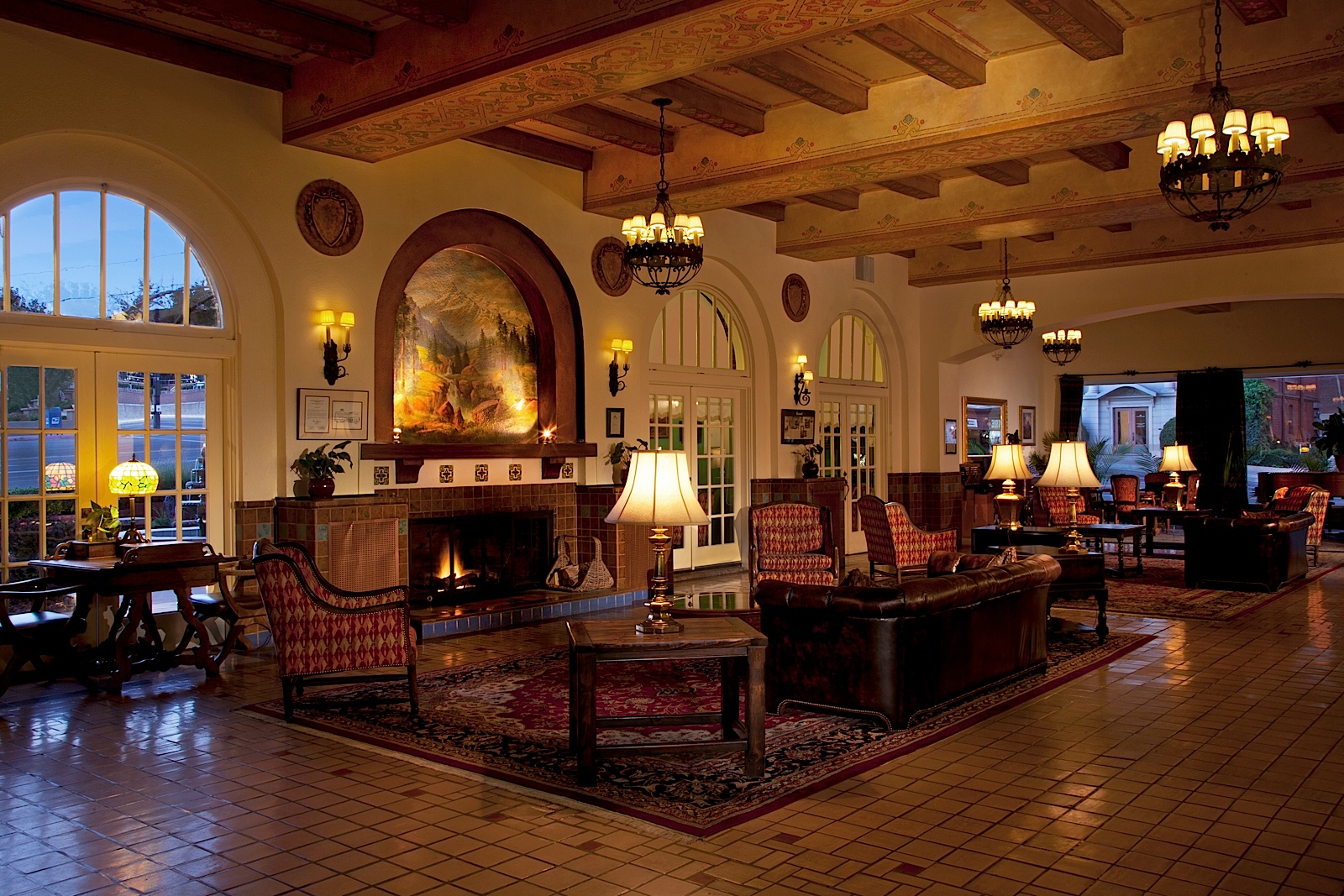 a room with a fireplace and furniture