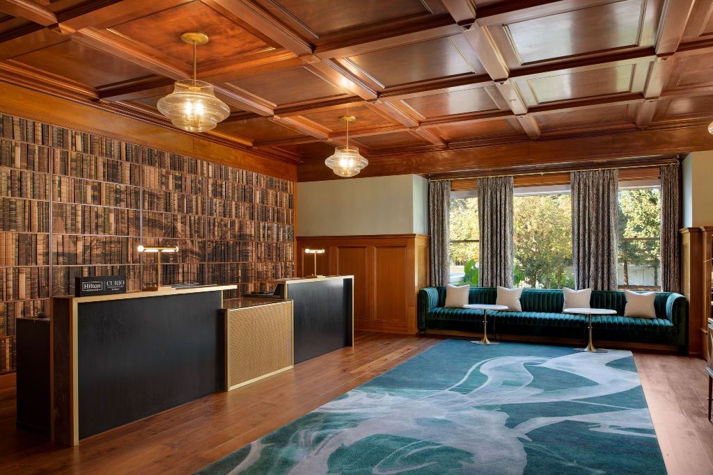 a reception area in a hotel