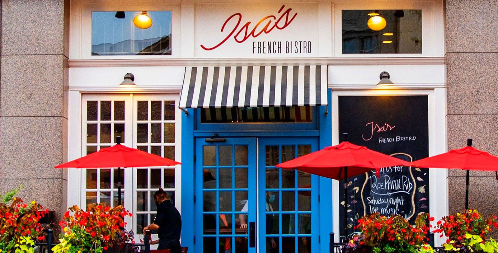 a restaurant with red umbrellas