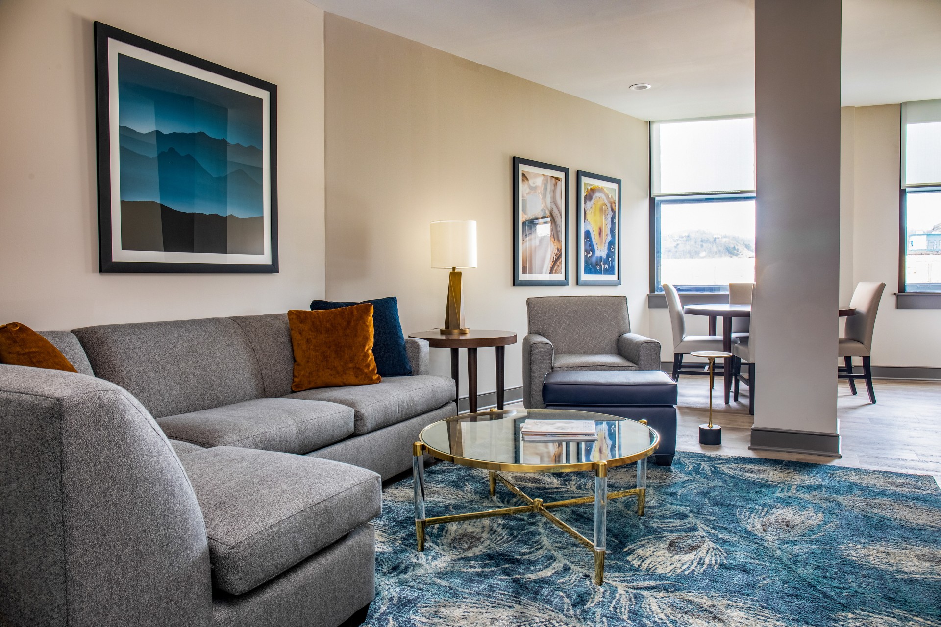 a living room with a couch and a coffee table