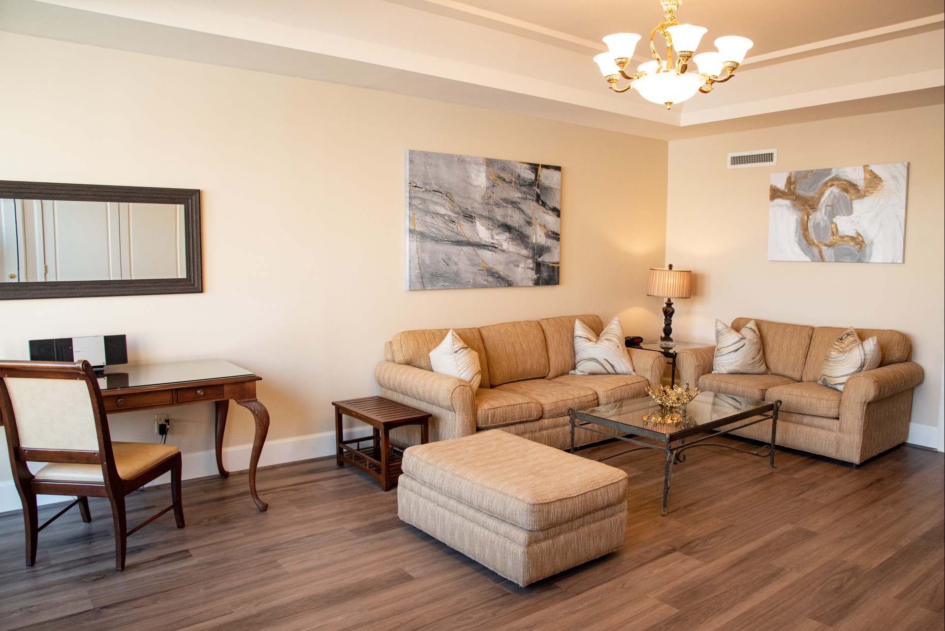 a living room with a couch and a table
