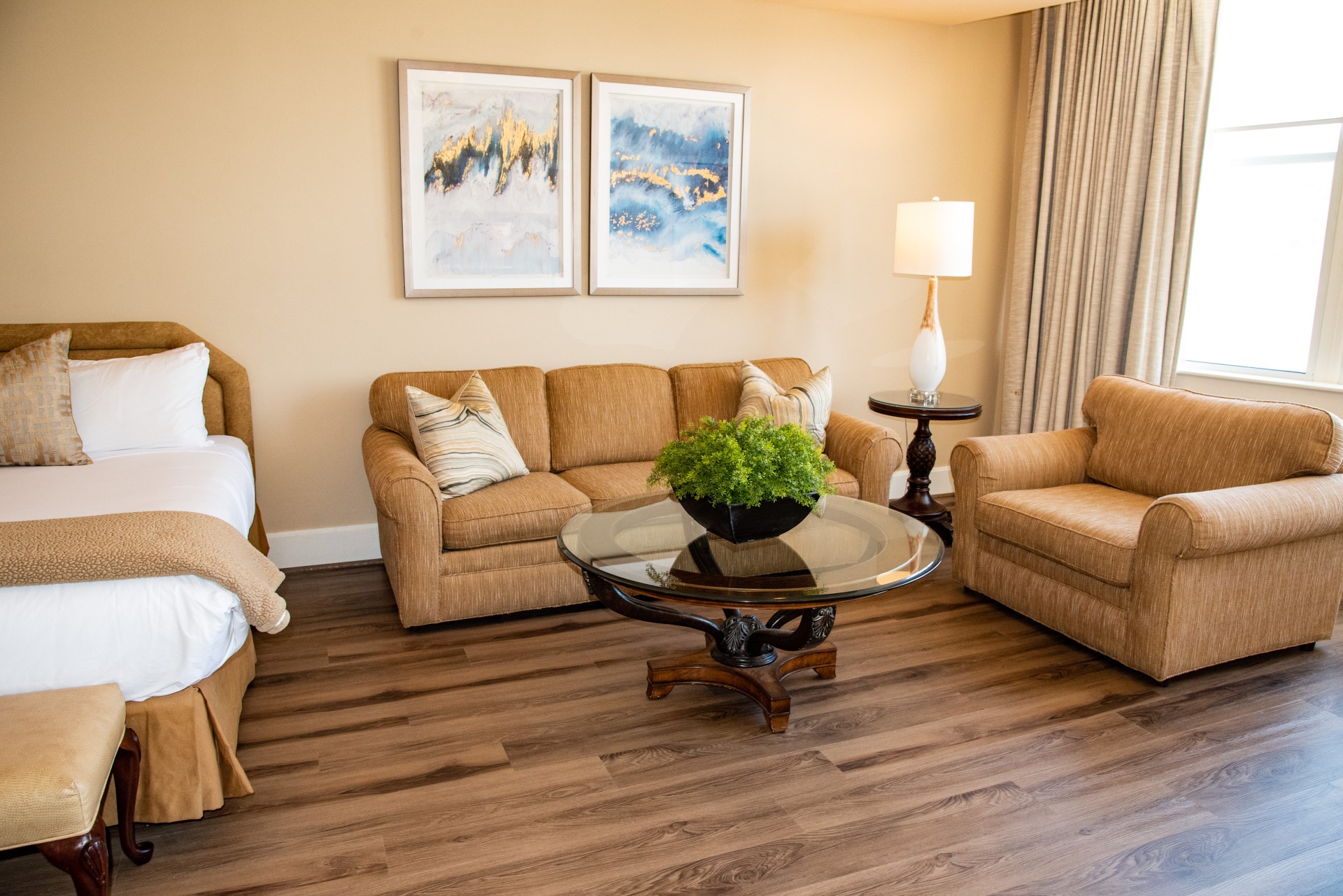 a room with a couch and a table