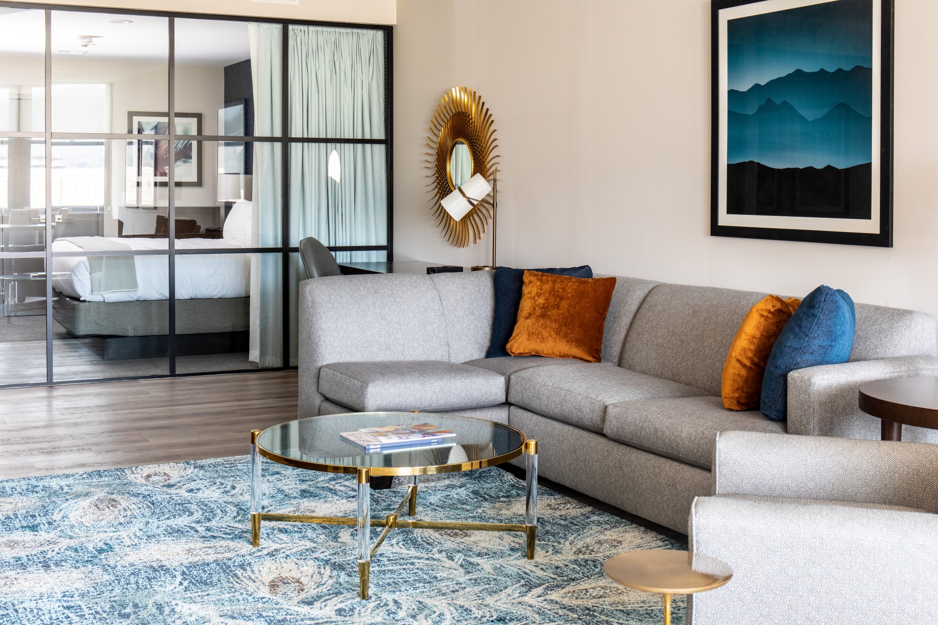 a living room with a couch and a coffee table