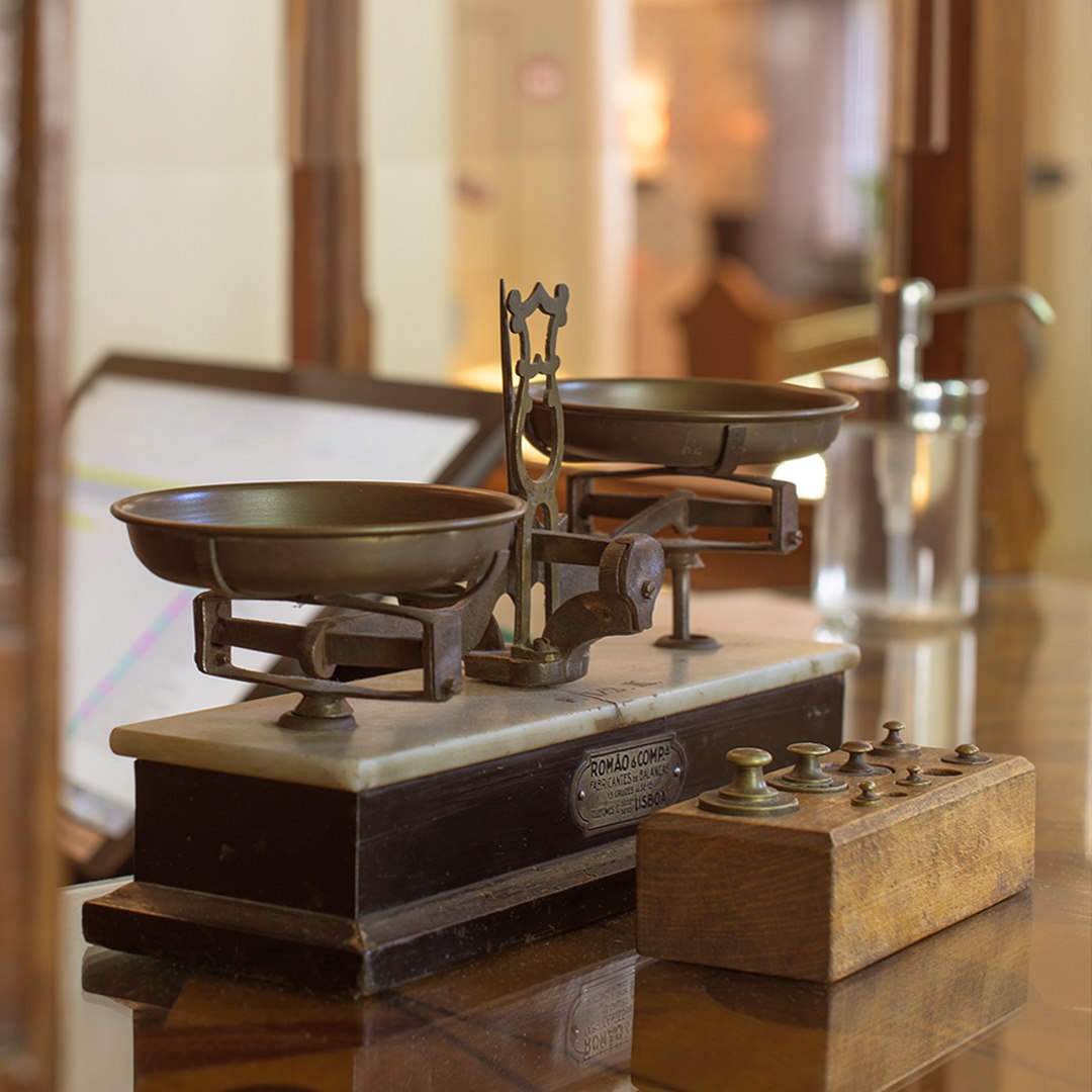 a old scale on a counter
