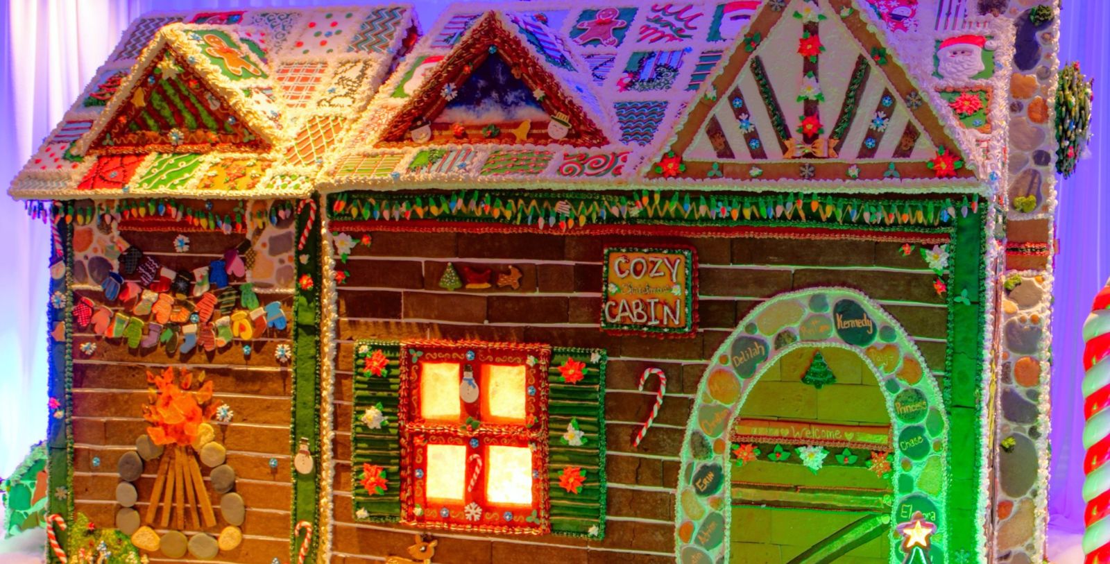 a gingerbread house with lights