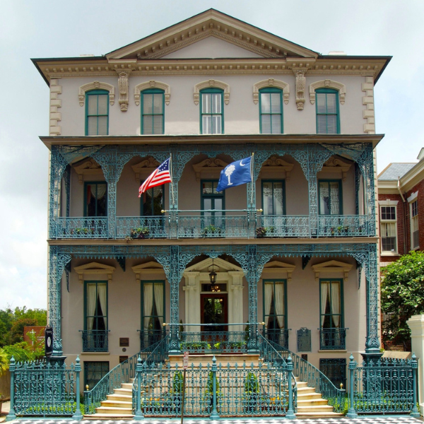 a building with a blue railing
