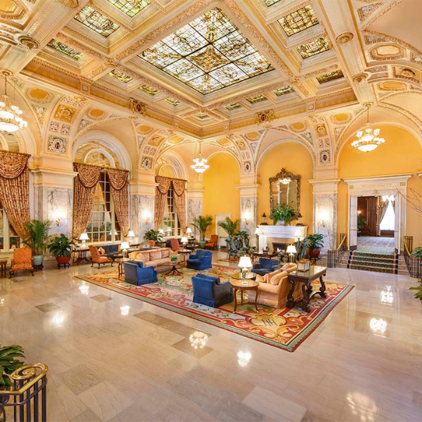 a large room with a large ceiling and a large window