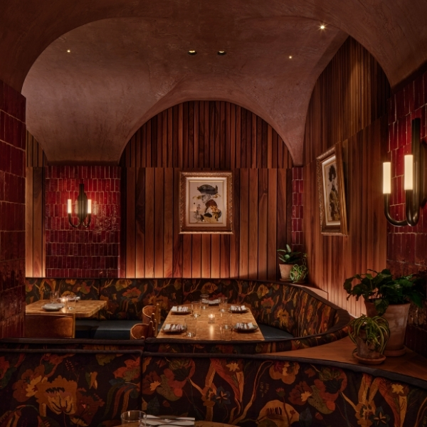 a restaurant with a booth seating