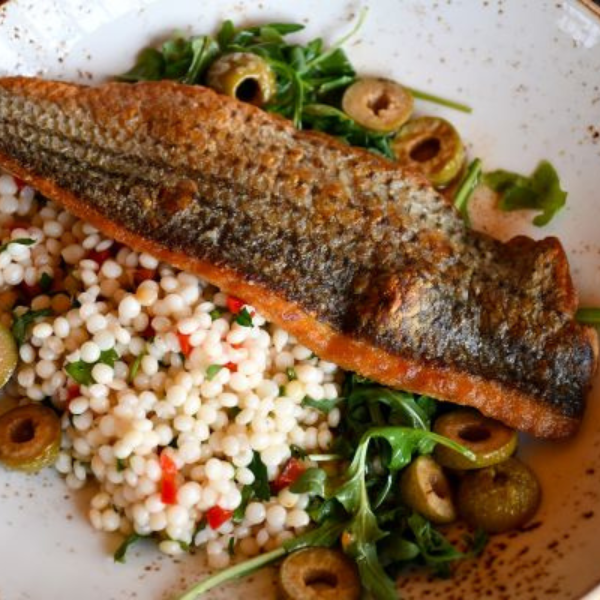 a fish and salad on a plate