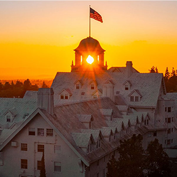 a building with a flag on top