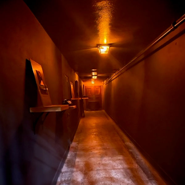 a dark hallway with a light on the ceiling