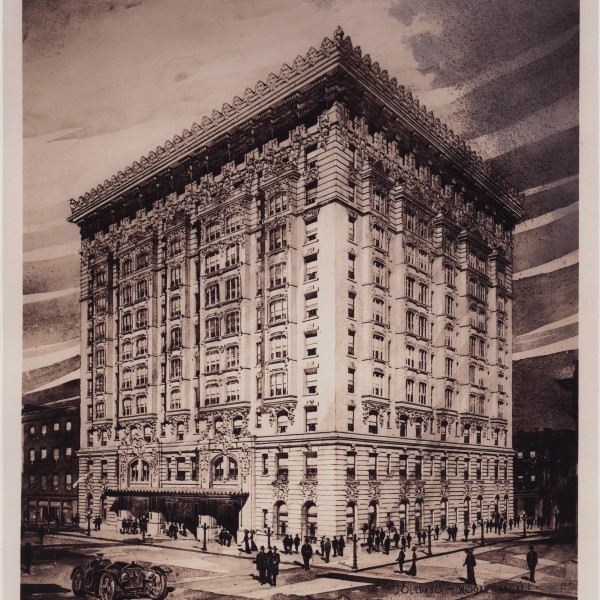 a large building with people walking on the street with The Arc at Old Colony in the background