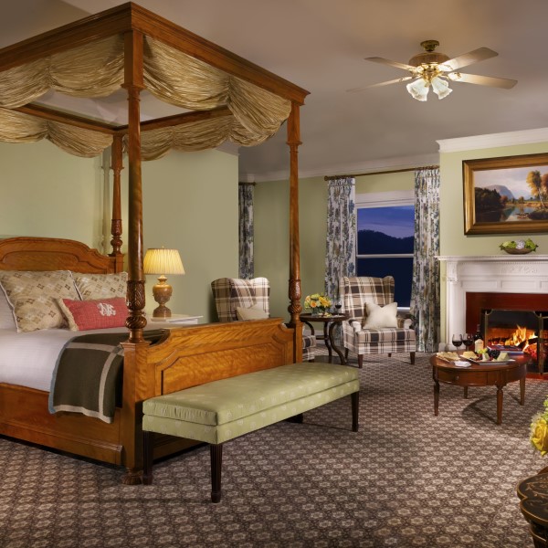 a room with a bed and a fireplace