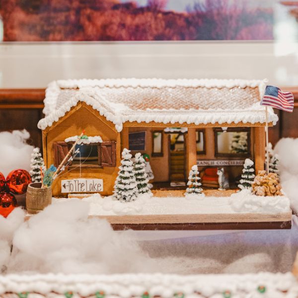 a gingerbread house with snow on it