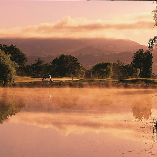 a golf course with fog and trees