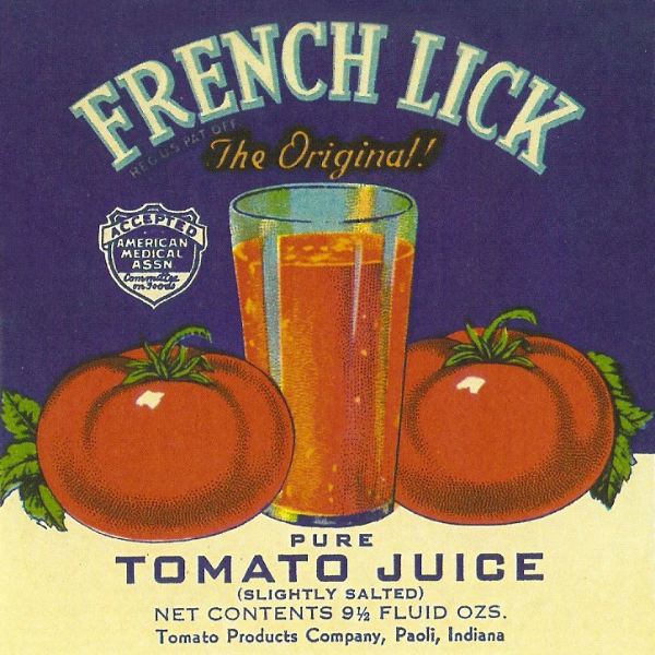 a label with tomatoes and a glass of juice