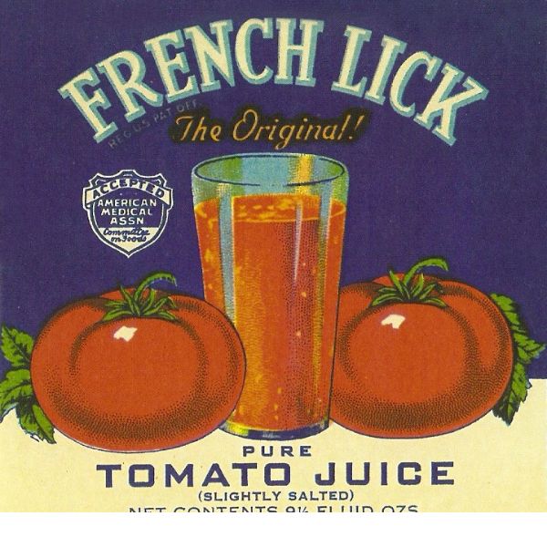 a label with tomatoes and a glass of juice