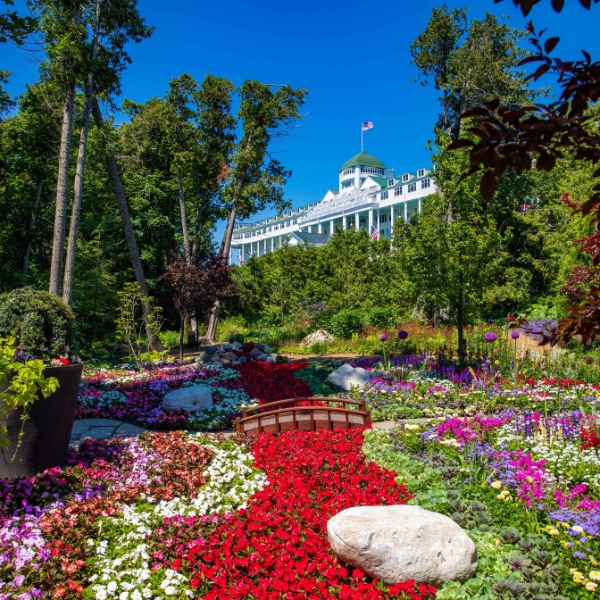 a garden with flowers and trees in front of a white building