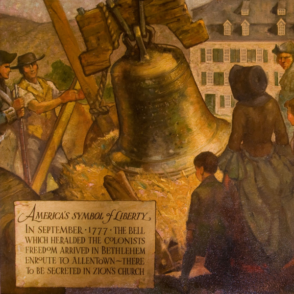 a painting of a bell and people